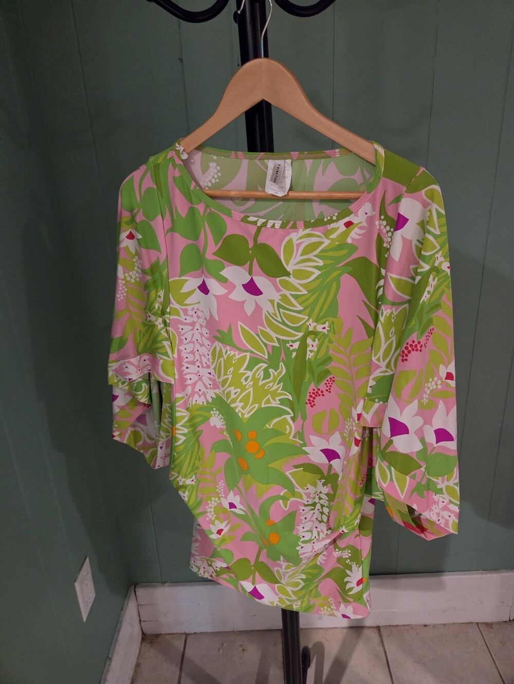 Trina Turk Pink & Green Floral Tunic Top Swim Coverup  Coastalcore